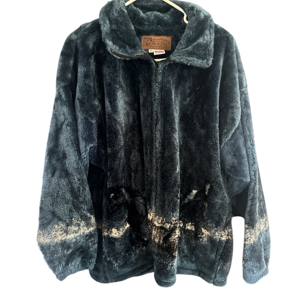Bear ridge Luxurious Faux Fur Teddy Jacket in Black and blue horse